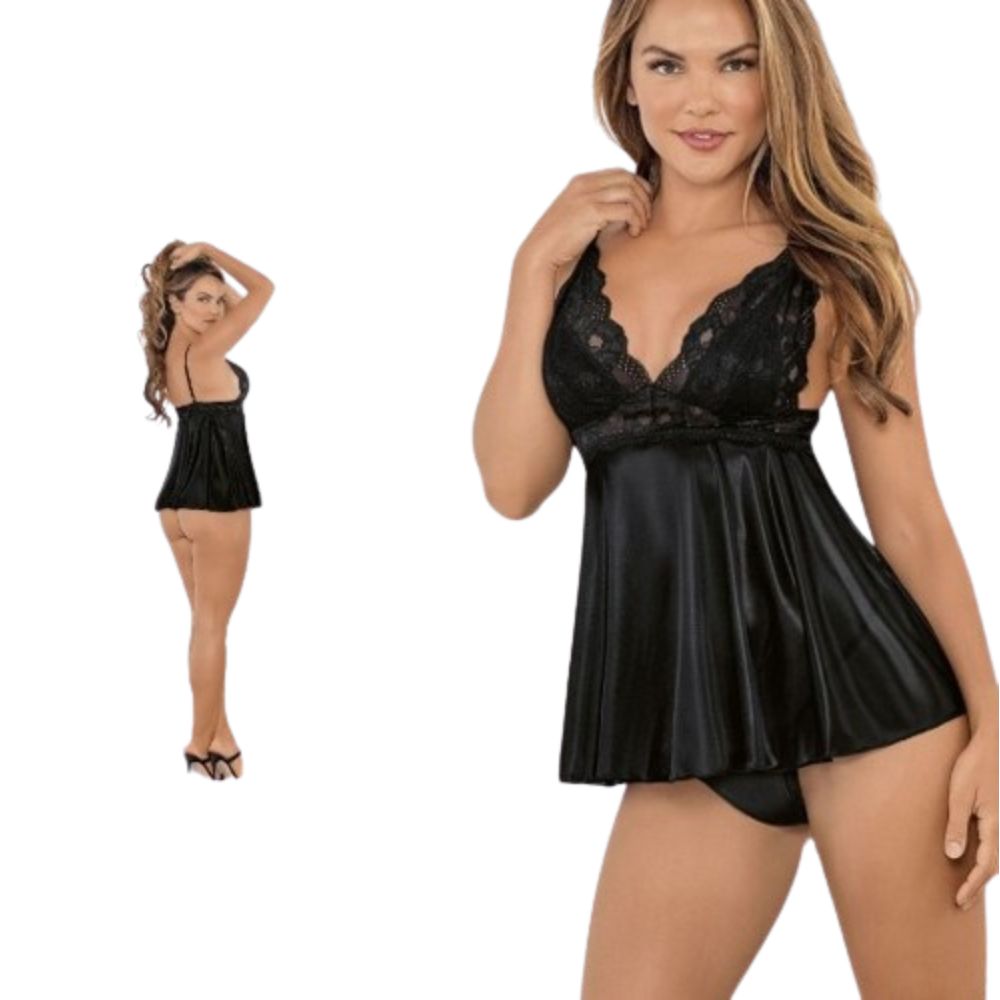 Baby Doll Azul o Negro de Satin con Copa de Encaje