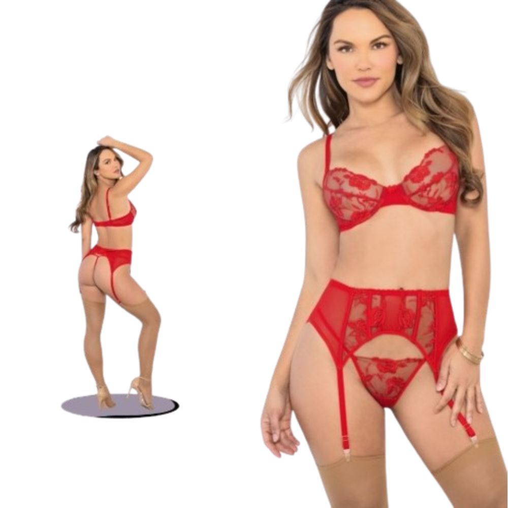 Coordinado de Bra-Panty-Liguero Rojo de Encaje