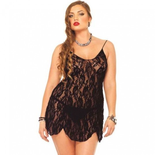 Rose Lace Flared Chemise Mini Vestido Negro